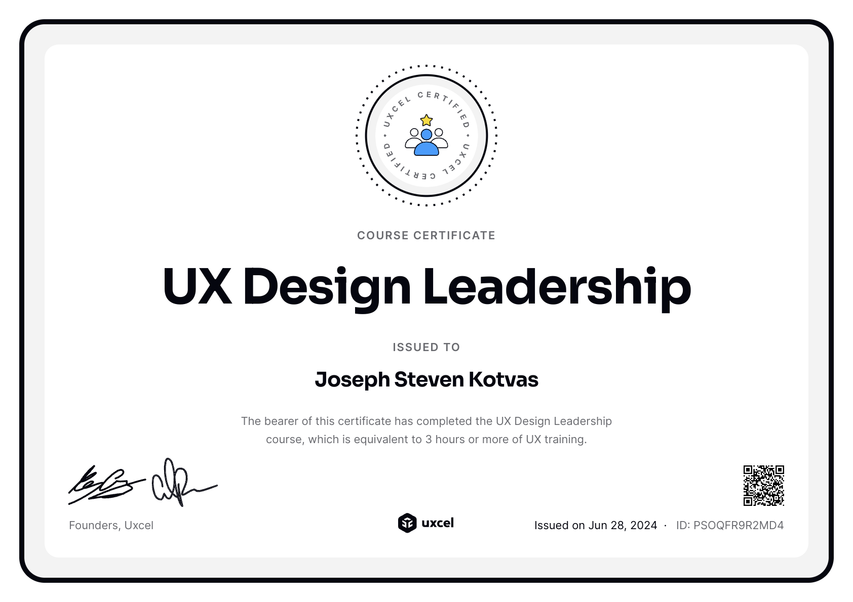 Joseph Steven Kotvas's certificate